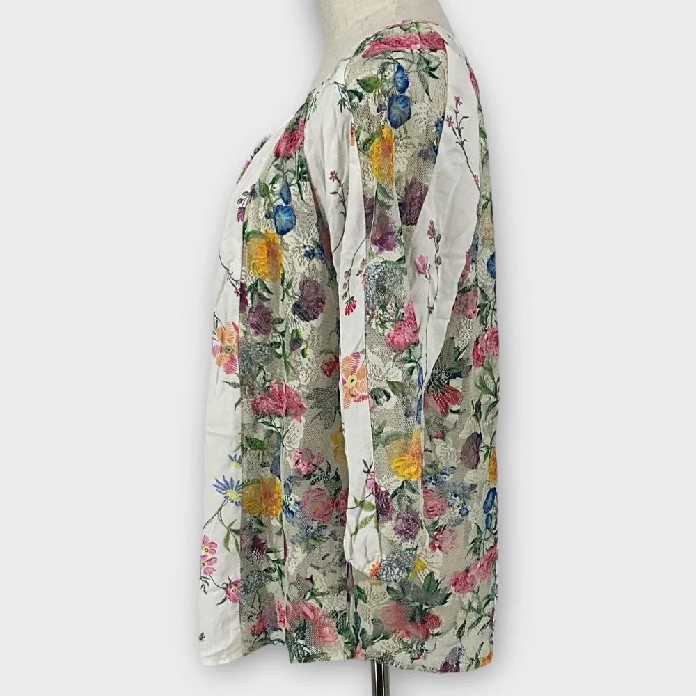 Fig and Flower Floral Lace Patchwork Tie Neck‎ Blouse Top Women Med Cottage Core - Picture 3 of 7